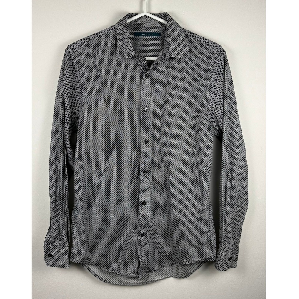 Perry Ellis Mens Small Black White Geometric Micro Print Long Sleeve Button Down
